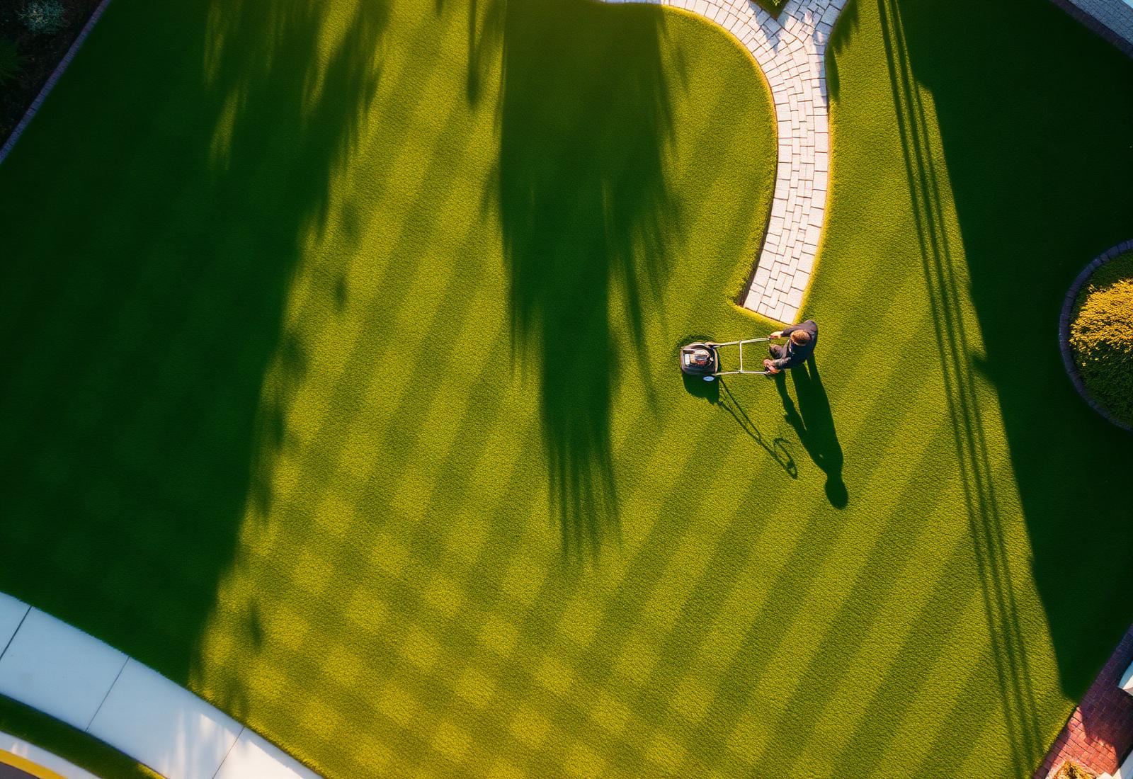 Freshly mowed lawn with striped pattern in afternoon light